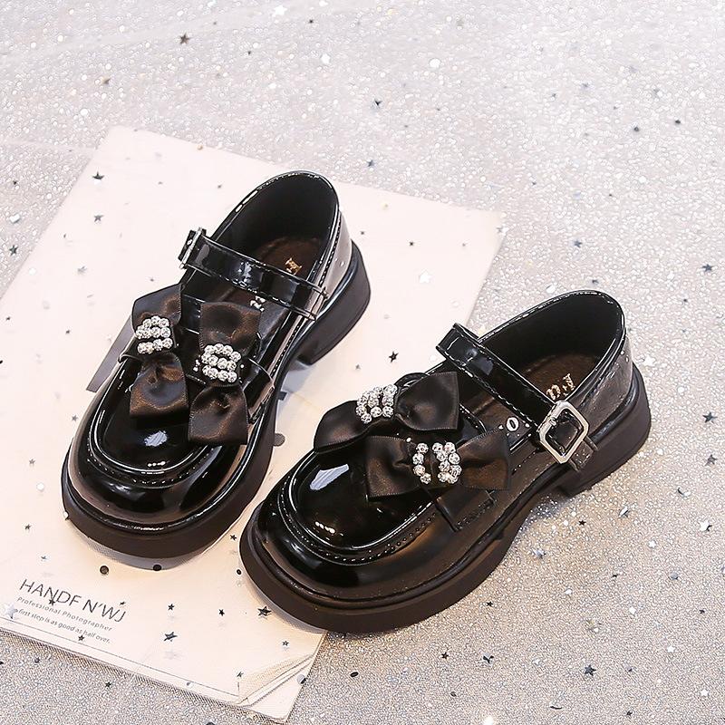 Children's College-Style Leather Shoes2026New Autumn Cute Rhinestone Double Bow Solid Color Fashion Performance Shoes