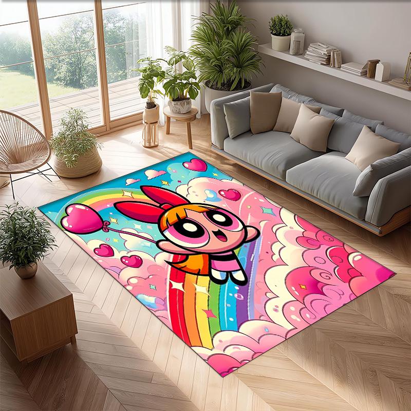 The Powerpuff Girls Printed Crystal Velvet Area Rug, Soft Anti-Slip Water Absorbent Floor Mat for Living Room Bedroom