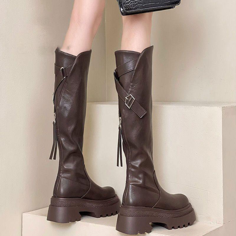 Fashion Fashion Wedge Knight Boots for Womens New Punk Style Handsome Platform Boots for Women's Rear Zipper High Tube Boots Botas Mujer