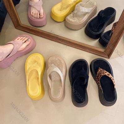 Mode Damen Plateau Flip Flops Sommer Neu Seaside Urlaub Keile High Heels Schuhe Damen Lässig Einfarbig Draußen Tragen Sandalen Hausschuhe
