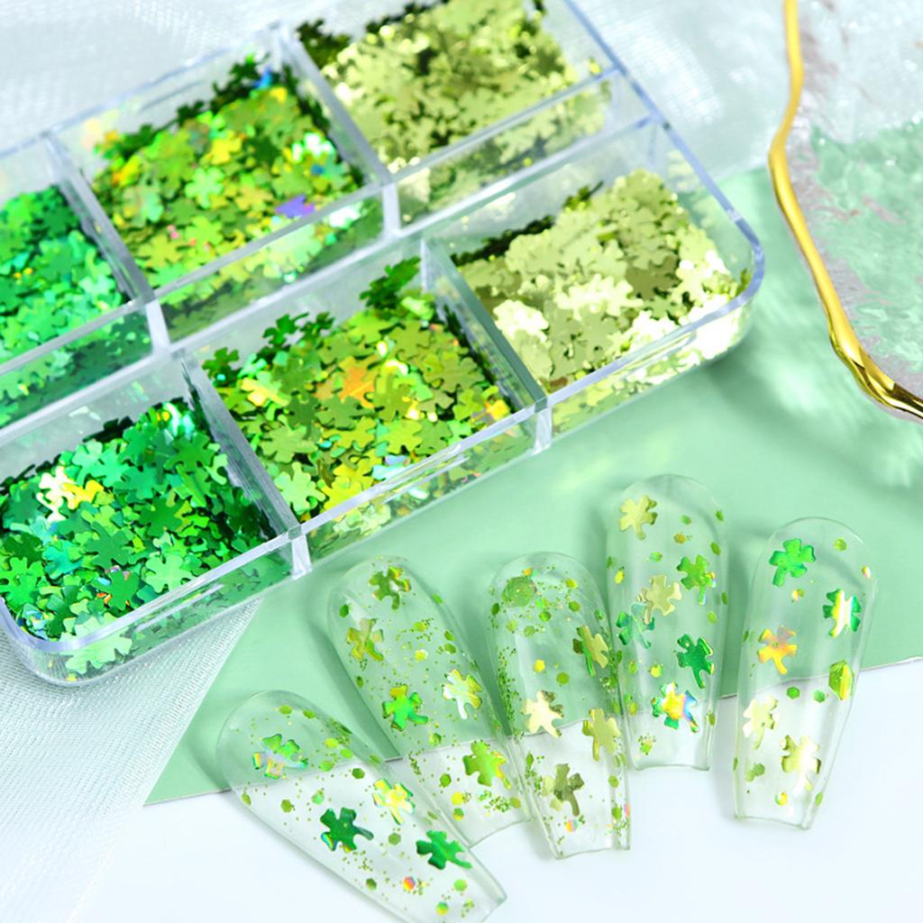 6-Grid Box Pack Green Glitter Nail Art Sequins for St Patrick's Day with Clover Design