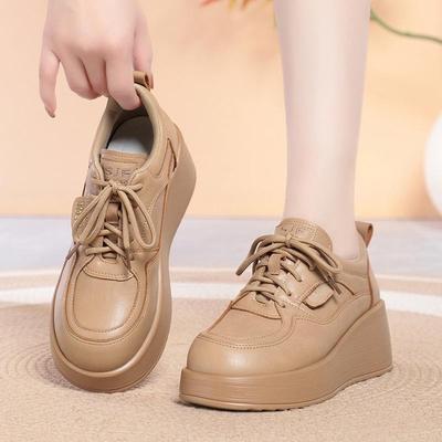 Spring and Autumn Lace-up Leather Shoes Soft Sole Heeled Deep Mouth Wedge Heel British Style Thick Sole Platform Women's Shoes