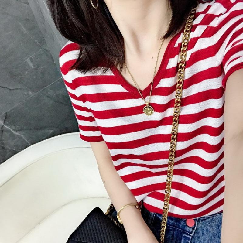 

Летняя новая футболка с V-образным вырезом, черно-белая полосатая, с короткими рукавами, свободного кроя, повседневная и универсальная, с темпераментом, тонкая XXL