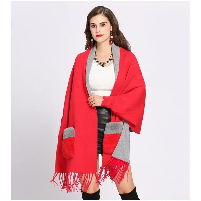 Winter Faux Cashmere Poncho Loose Streetwear Women Batwing Sleeve Shawl Capes Fur Pocket Female Oversize Tassel Knitted Cloak