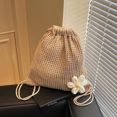 Modische, einfarbige, gehäkelte Schultertasche mit Blumendekor, gewebt, für Damen, Strandurlaub, Eimer, ausgehöhlter Rucksack mit großer Kapazität