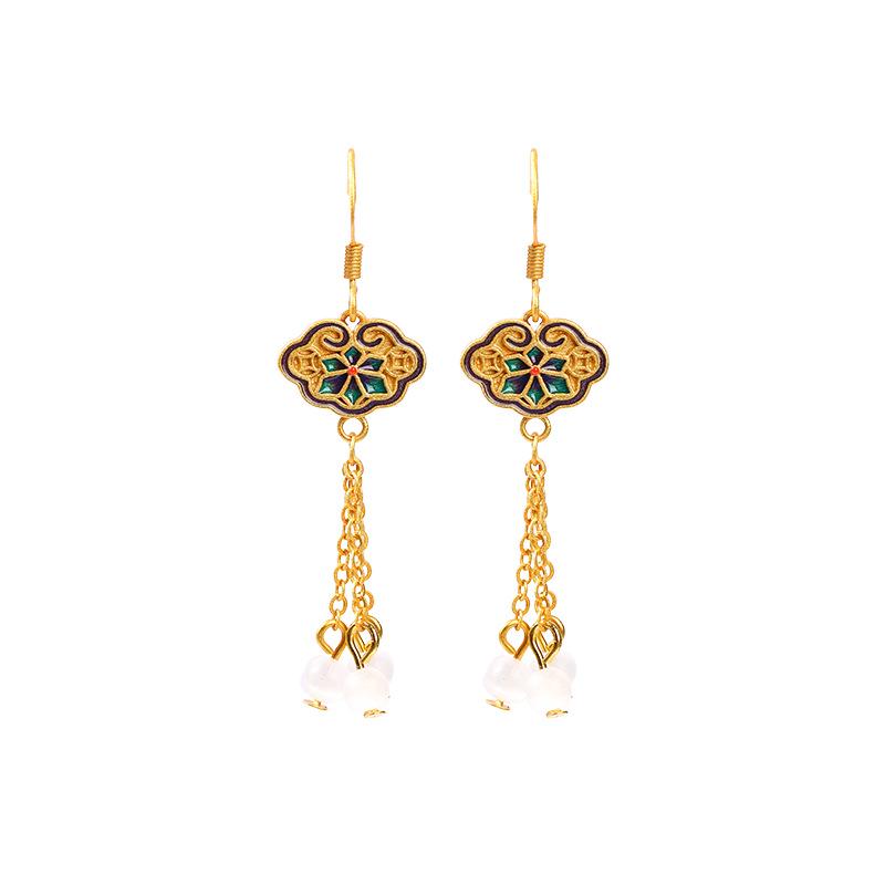 Airyuan Cat's Eye Stone Tassel Earrings - Elegant Chinese Fairy Jewelry for Women