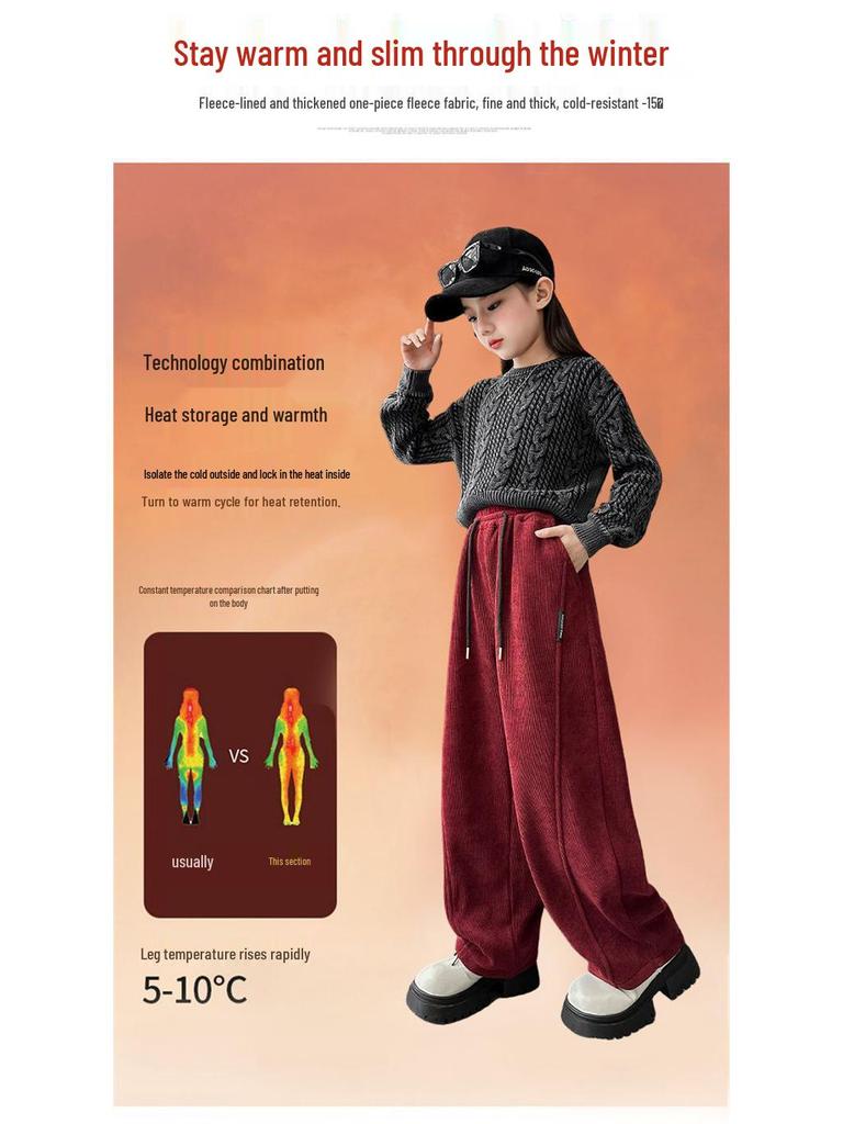 Girls' Plush Corduroy Pants - Autumn Winter 2025 - Thick, Loose, Casual Stylish Children's Wear