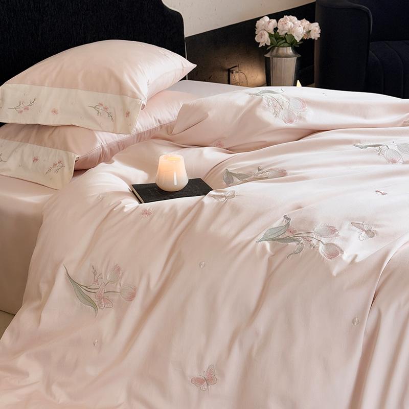 Light Luxury High Count Cotton Simple Floral Embroidery Four Piece Set - Enjoy Yourself Like a Flower