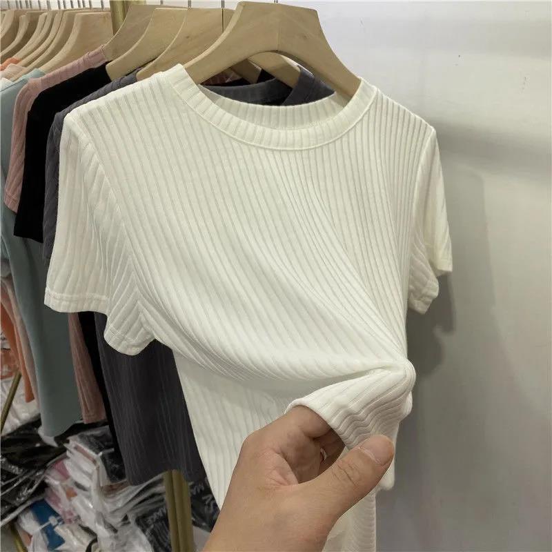 2024 Women's European Striped Round Neck Short-Sleeve Slim T-Shirt, Spring/Summer Korean-Style Trend
