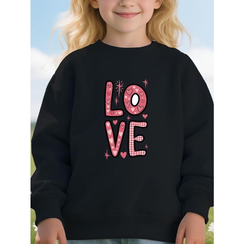 Girl's Round Neck Sweatshirt with LOVE Heart Pattern Print, Suitable for Valentine's Day and Daily Wear