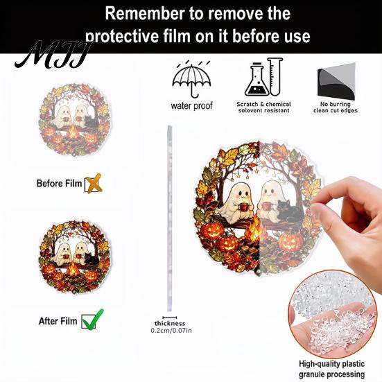 Pumpkin Hanging Decoration Halloween Acrylic Decoration, Cartoon Ghost Ornament with Reusable Holiday Ornaments Bell, Suncatcher Decor for Indoor