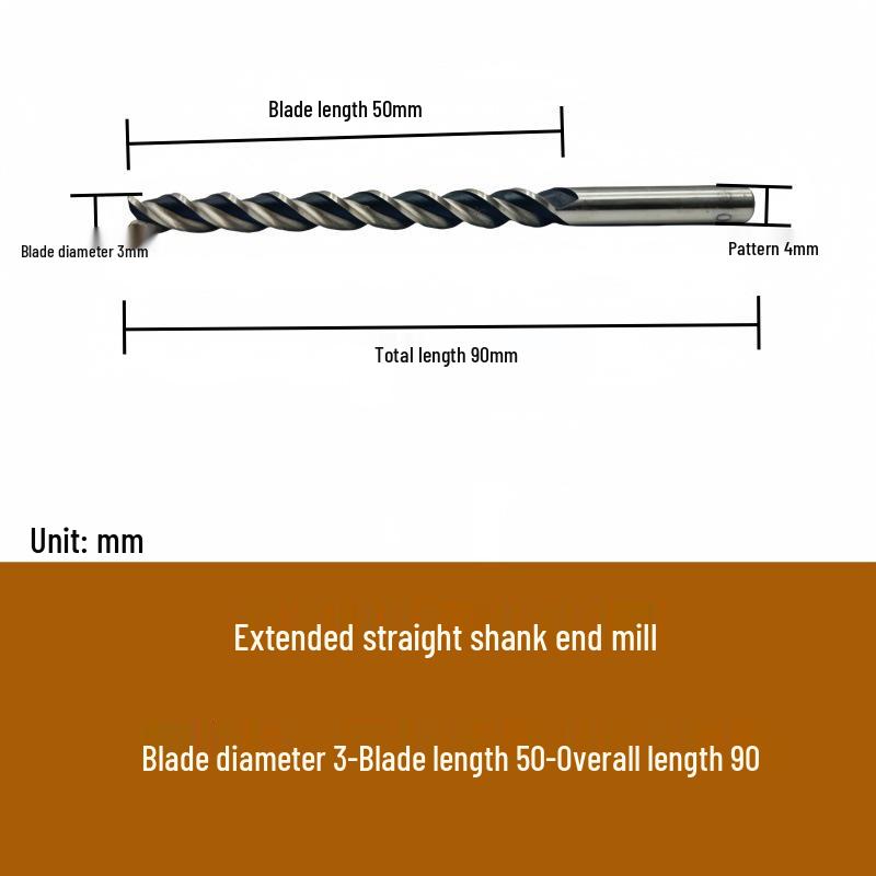 High-Speed Steel Extended Straight Shank Three-Flute End Mill, 2.5-10mm, White Steel