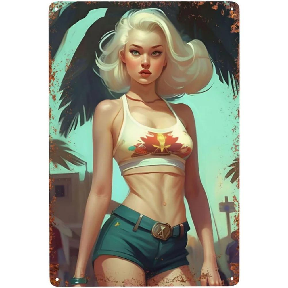 Metal Tin Signs Plaque Pinup Bikini Girl Wall Decoration Vintage Art Poster Iron Painting for Man Cave Home Cafe Garden Club