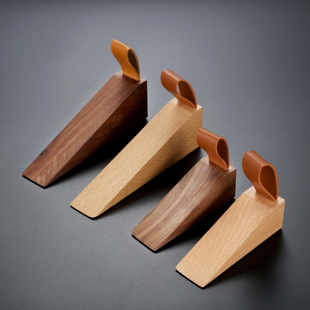 1pc Solid Wood Door Stopper Non-Slip Stop Baby Protect Leather Rope Wedge Anti-collision Creative Gate Decor Beech/Black Walnut