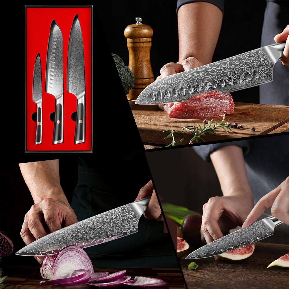 LONSDOW 67 Layers Damascus Steel Santoku Knife Steel Handle Chef Damascus Kitchen Knives Set