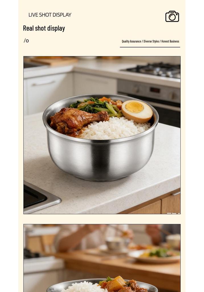 304 Stainless Steel Double-Layer Insulated Anti-Scald Rice Bowl with Spoon for Kids and Home Use