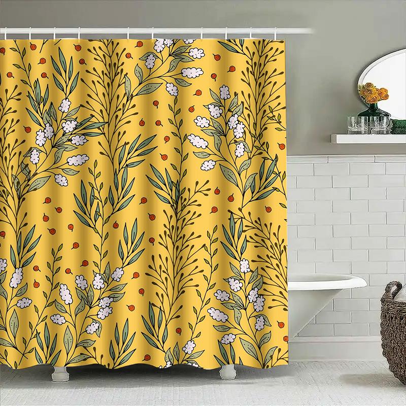 Floral Shower Curtain Decorative Bath Mat Pvc Waterproof Bathroom Decor Wall Hanging Printed Water Splatter Resistant Yellow Wit