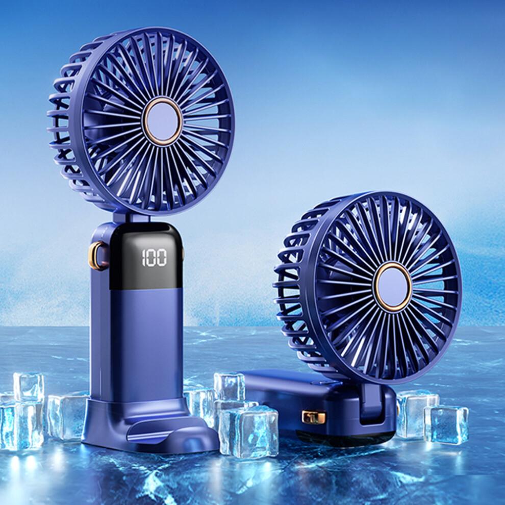 (Blue) Powerful Handheld Fan with Digital Display 1200mAh 5 Speed Desk Fan USB Charging Cooling Fan