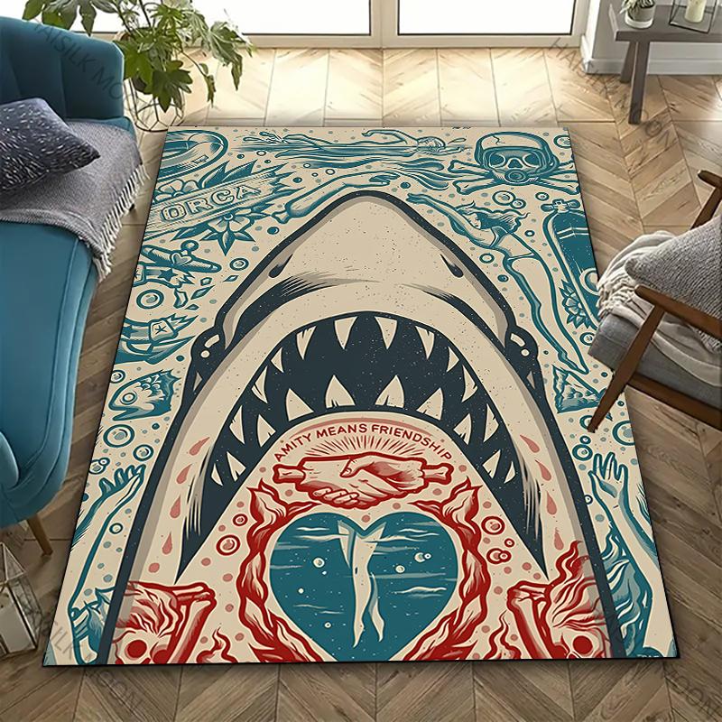 3D Shark Theme Printed Carpet Edgy Nautical Horror Statement Rug for Living Rooms Bedrooms, Office Areas, Durable Washable Mats