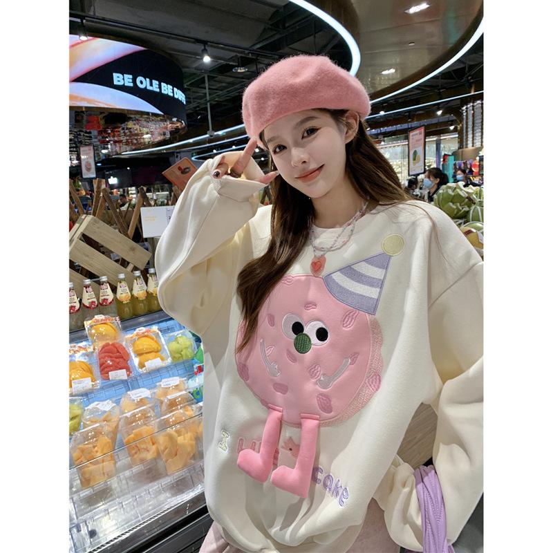 Milk Fufu Sweet Age-reducing Long-sleeved Sweater Women's Autumn Design Sense Heavy Industry Cartoon Embroidery Loose Velvet Top