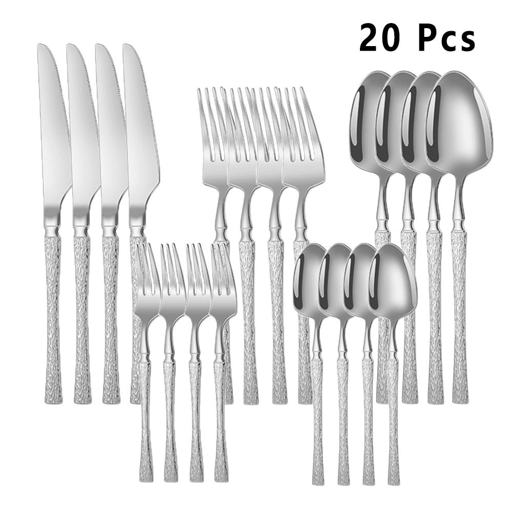 20/30pcs Dinnerware Set Stainless Steel Tableware Hammer Pattern Handle Knife Fork Coffee Spoon Flatware Dishwasher Safe Cutlery