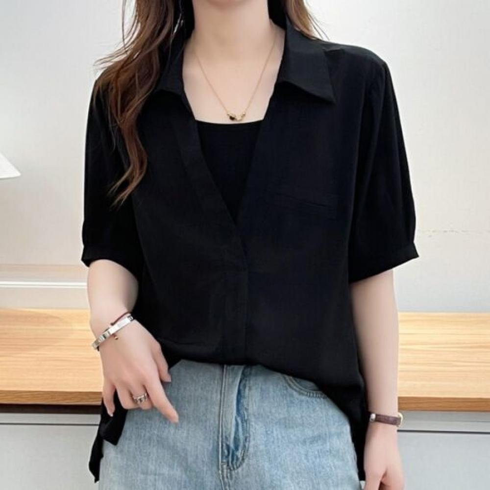 Navava Women Loose Fit Collar Short Sleeve Blouse Nb3196