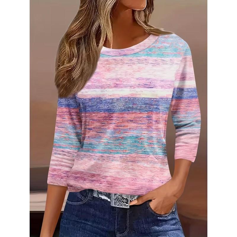 Color Block Striped Crew Neck Long Sleeve T-Shirt Slim Fit Casual Top Daily Wear