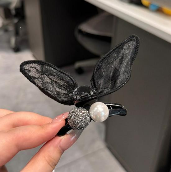 Women's Black Lace Bunny Ear Hair Clip for Bangs