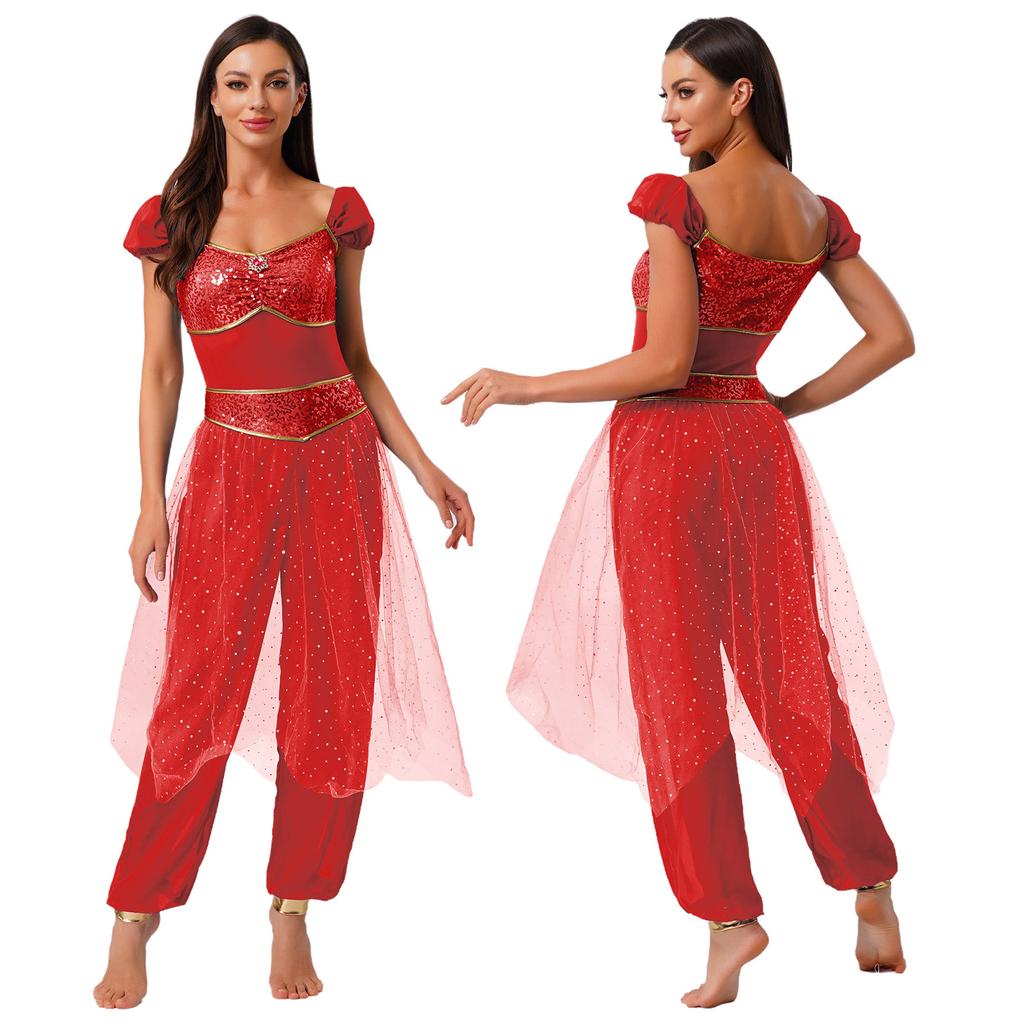 Dam Arabisk Prinsessdräkt Kontrastfärg Ädelstensdekor Paljettprydd Tyllöverdel Ärmlös Jumpsuit Magdans Romper