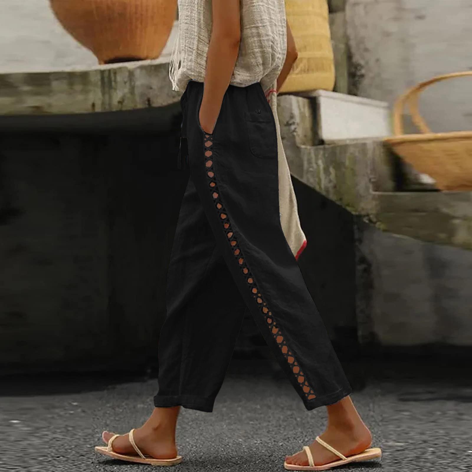 

Женские модные мешковатые брюки с карманами, тонкие дышащие кружевные края, полые однотонные повседневные брюки в стиле ретро XXL чёрный