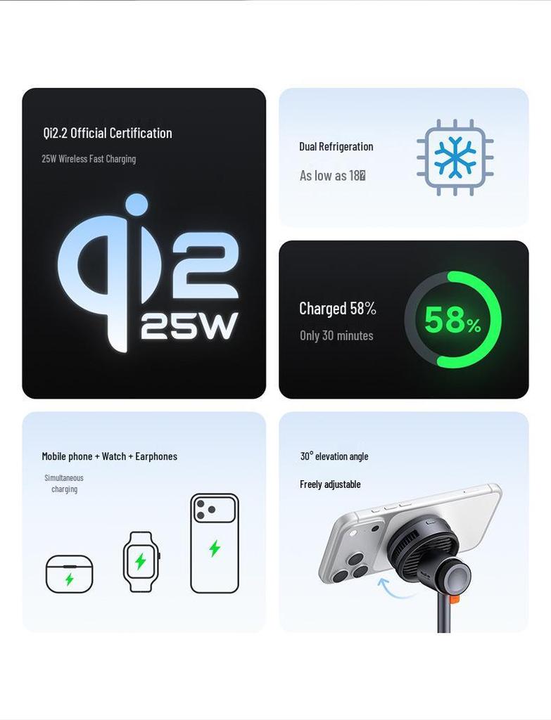 Mai Duo Duo 3-in-1 Wireless Magnetic Charging Stand with 25W Fast Qi2 Charging & Semiconductor Cooling for Phone, Watch, and Earbuds.