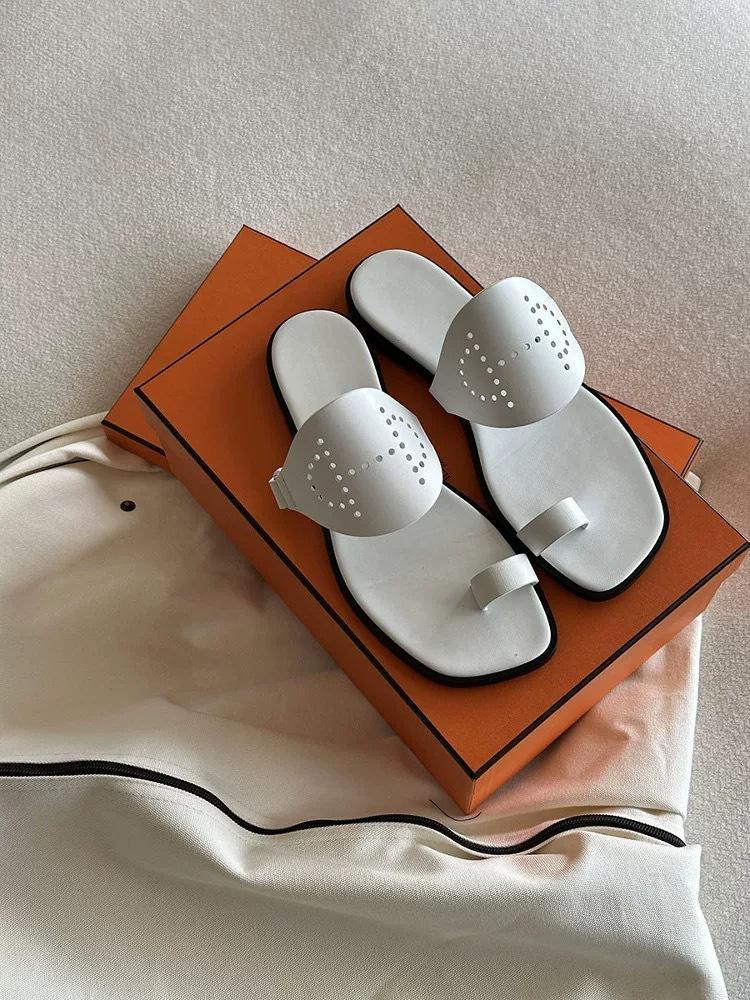 Cowhide version~ niche French set-toe cool slippers women's outer wear 2025 new summer vacation flat sandals