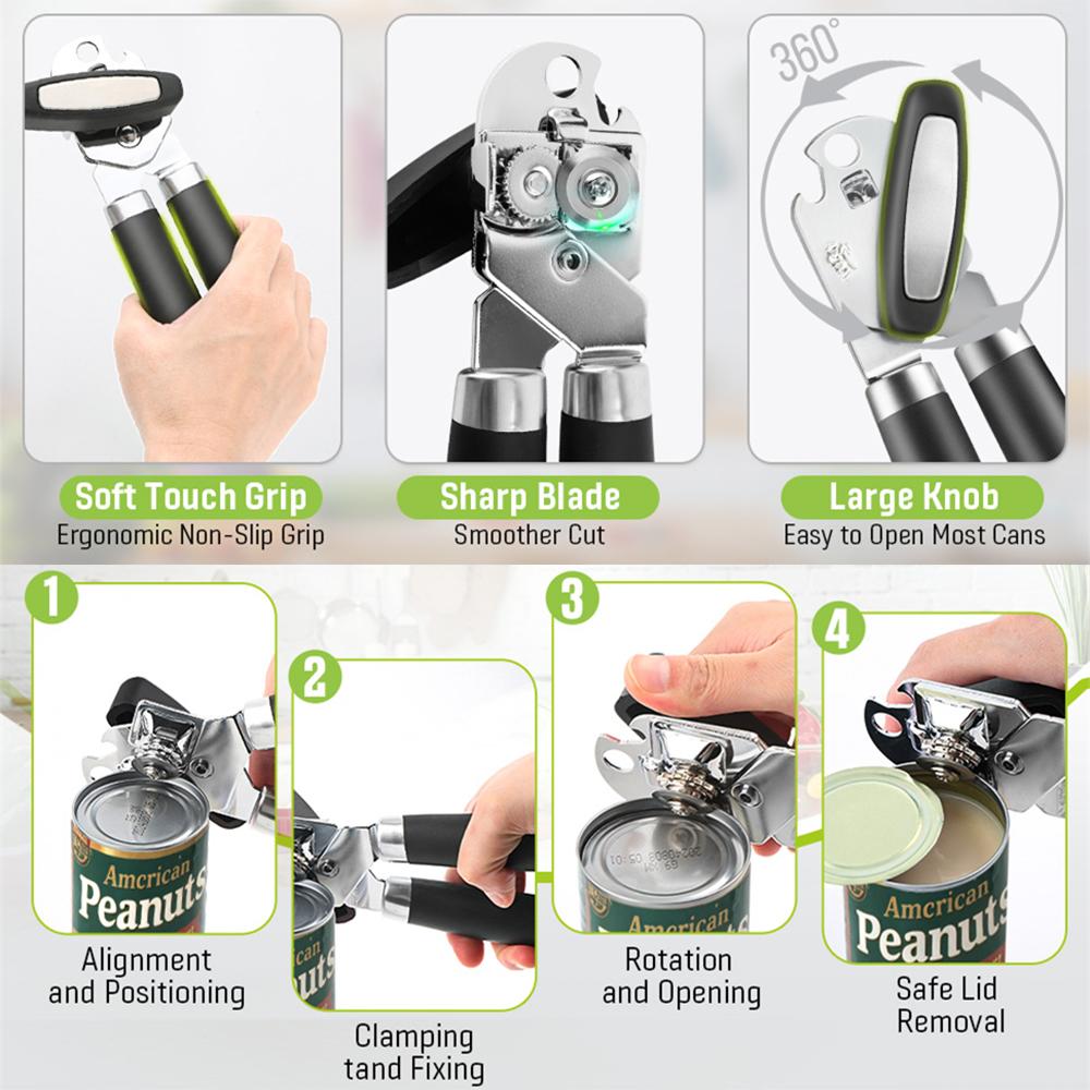 LMETJMA 2PCS Can Opener Smooth Edge Manual Can Openers Heavy Duty Stainless Steel Can Opener with Multifunctional Bottle Opener