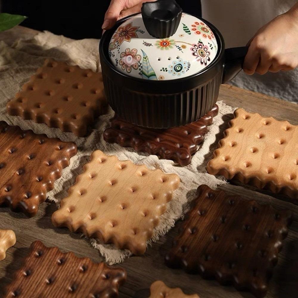 Round Solid Wood Cookie Coasters Biscuit Shape Heat Resistant Wooden Coaster Non-Slip Tea Cup Mat for Tea Milk Drink