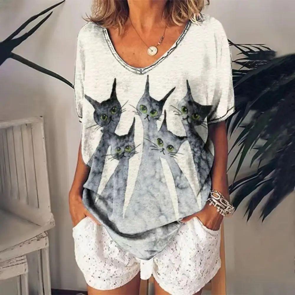 Kunst Buntes Muster Damen T-Shirt Tierdruck Katze T-Shirt für Damen Atmungsaktiv Kurzärmlig Sommer Große Größe V-Ausschnitt