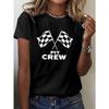European Sizes Pit Crew Checkered Flags Distressed Print T-shirt, Short Sleeve Crew Neck Casual Top for Summer & Spring, Women's Clothing