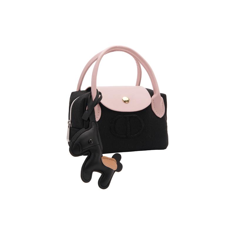DIOR [Customized Cosmetic Bag] Black Pink Pony Polyester Fiber Simple Sweet and Cool Daily Versatile Portable Black Handbag Storage