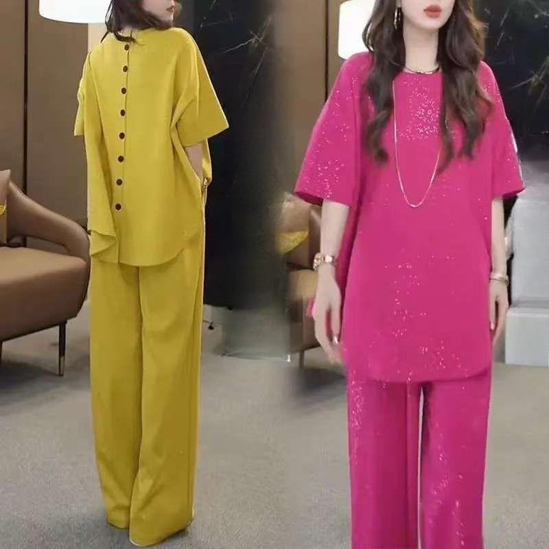 Letní dámský volný módní oblek s flitrovaným krátkým rukávem, tričko s vysokým pasem a širokými nohavicemi, dvoudílný oblek