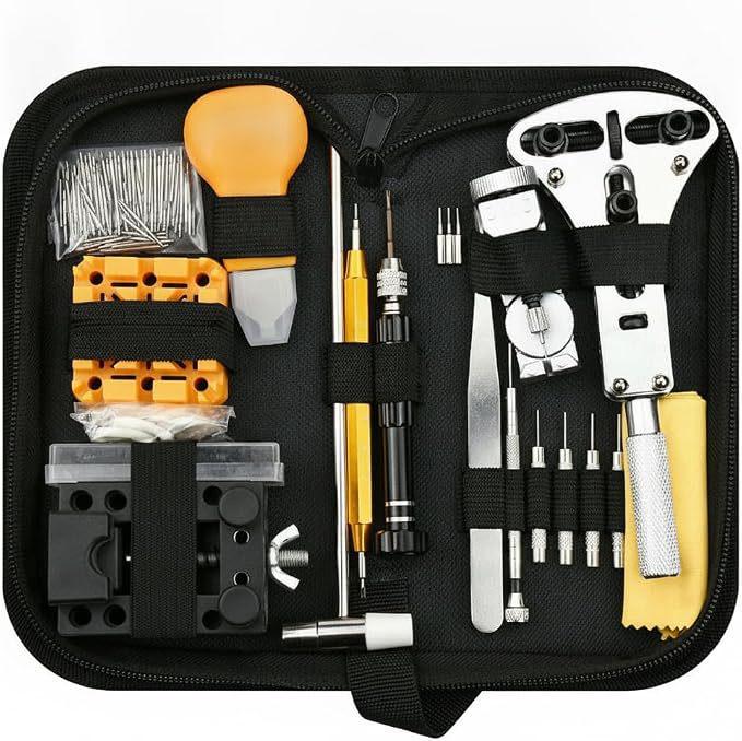 Watch Repair & Maintenance Tool Set with Disassembly Tools, Battery Replacement, and Cloth Bag.