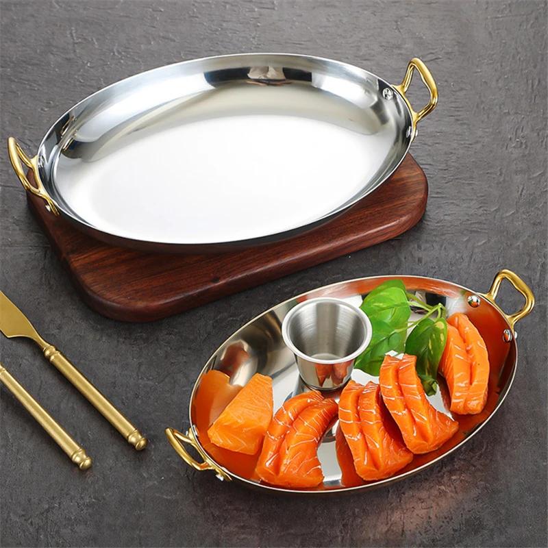 Spanish Seafood Lobster Plates Western Food Commercial Plate French Double Ear Oval Steak Plate Stainless Steel Food Plates