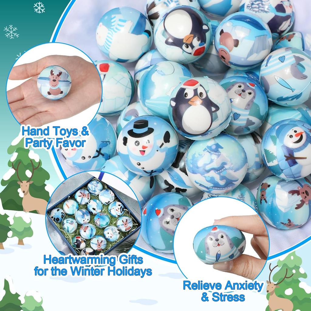 Liliful 60 Pcs Bulk Winter Stress Ball Snowman Penguin Stress Toys 12 Patterns Cute Sensory Stress Relief Toys Winter Holiday Party Favors Bag Filler