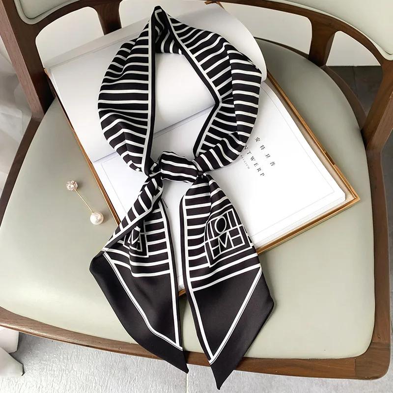 Mode Blauer Druck Seidenschal Damen Weicher Satin Pferdehaarband Schräges Halstuch Büro Hijab Stirnband Foulard Taschenbänder Geschenk