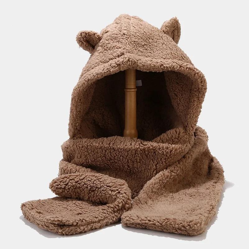 Căciulă de Iarnă Eșarfă Dintr-o Bucată Călduroasă Căptușeală Pluș Urechi de Urs Căciuli Protecție Gât Bonete Eșarfe pentru Femei Fete Căciuli Skullies Rezistente la Vânt Căciulă Călduroasă de Iarnă