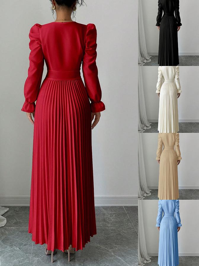 European 2026 Elegant Solid Color Pleated Banquet Dress
