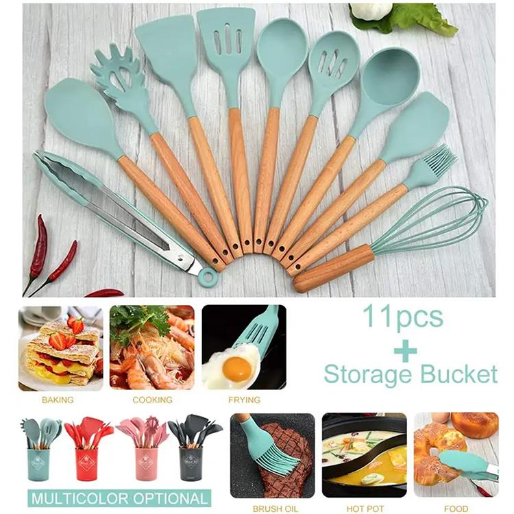 Heat Resistant Kitchen Accessories Cooking Utensil Kitchenware Non Stick Food Grade Wooden Handle Spatula Silicone Spoon Set