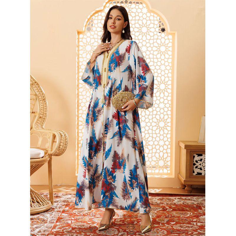 Middle East Print Hot Drilling Ribbon Tassel Robe Elegant Amazon Women Jumpsuit Long dress Dubai Travel Dresses