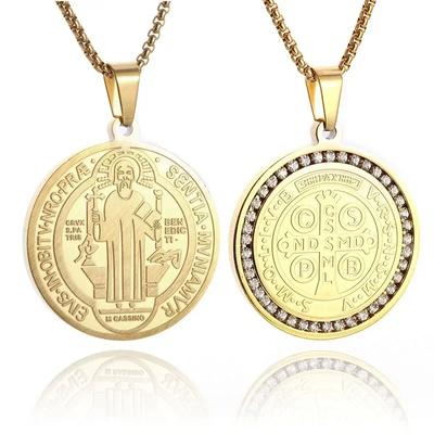 Saint Benedict Medallion Stainless Steel Pendant Zircon San Benito Collares Necklace Amulet Religious Cross Jesus Jewelry