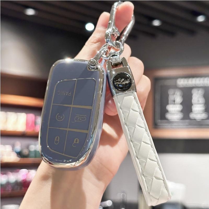 Car Key Case Cover with Leather Keychain for Fiat Jeep Dodge Charger Challenger Dart Journey Durango Grand Caravan