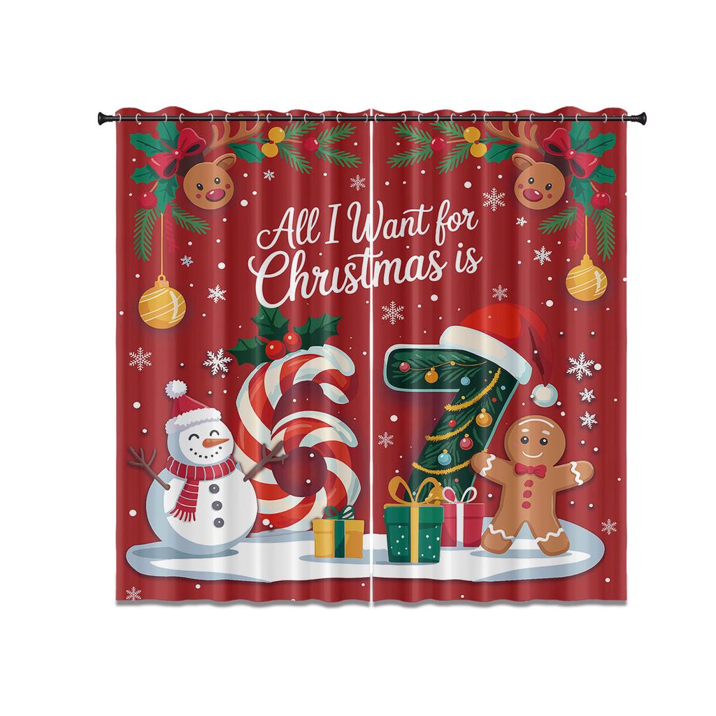 Set Of 2 Merry Christmas Element Print Perforated Curtains Various Sizes Living Rooms Bedrooms Insulation Decoration Curtain Blackout Polyester Ideal