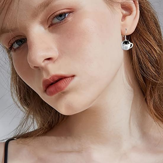 Halskette mit Haken und Ohrringen für Damen, schwarze Katze in Becherform, verstellbare Halskette, Geschenk zum Geburtstag und Jahrestag, Hals-Ohrschmuck aus Legierung für den Alltag und Partys